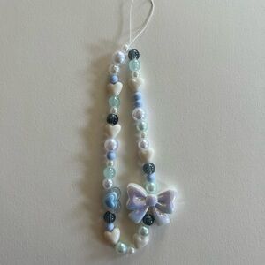 Blue Coquette Beaded Phone Charm- Blue and White, Heart and Bow